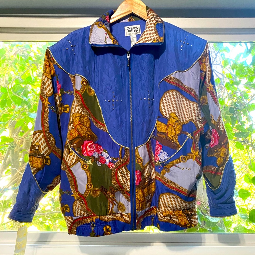 Clipper Bay 80’s baroque print bomber silk jacket